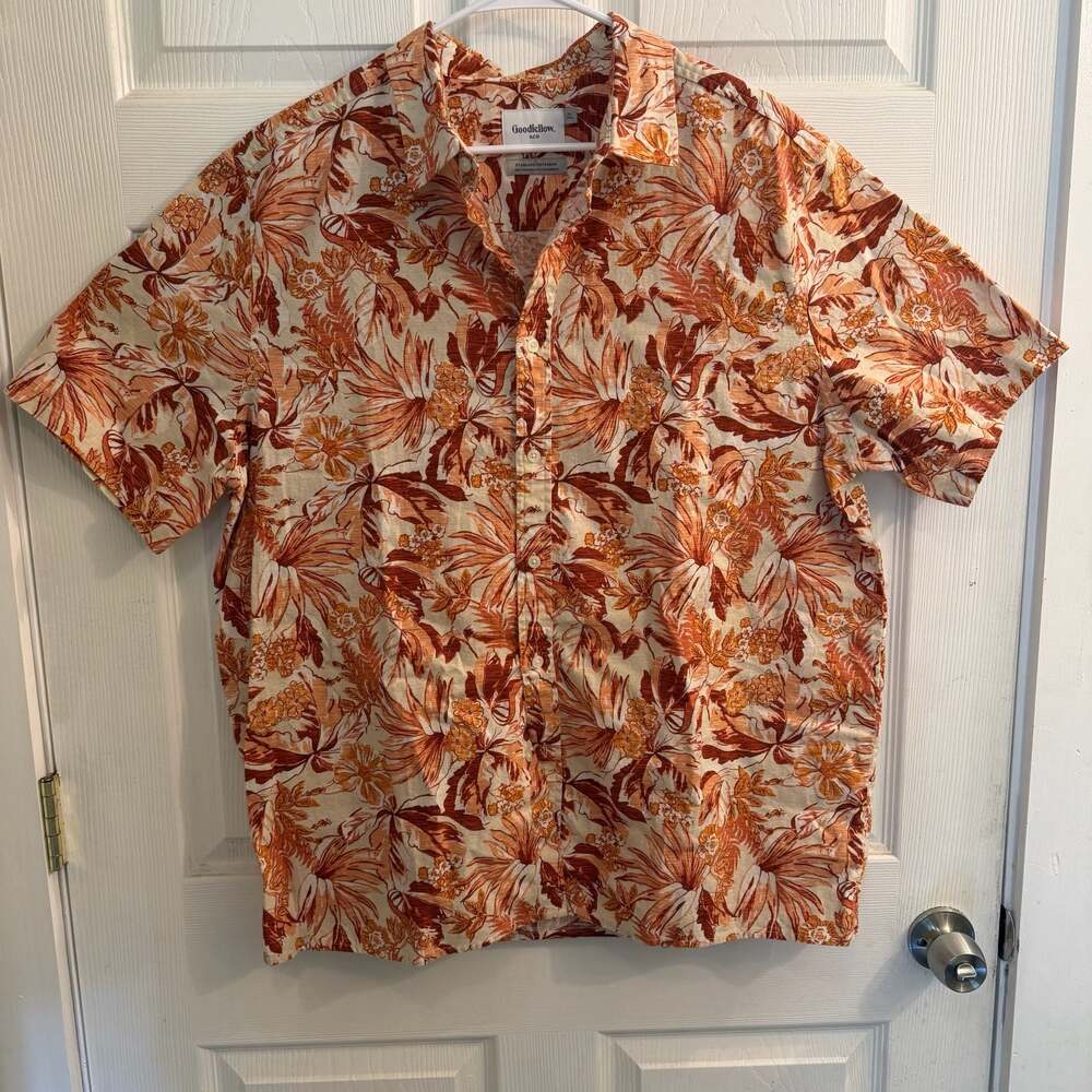 Goodfellow & Co. Men's Floral SS Linen Blend Button Down Shirt Orange/Tan Sz XLT